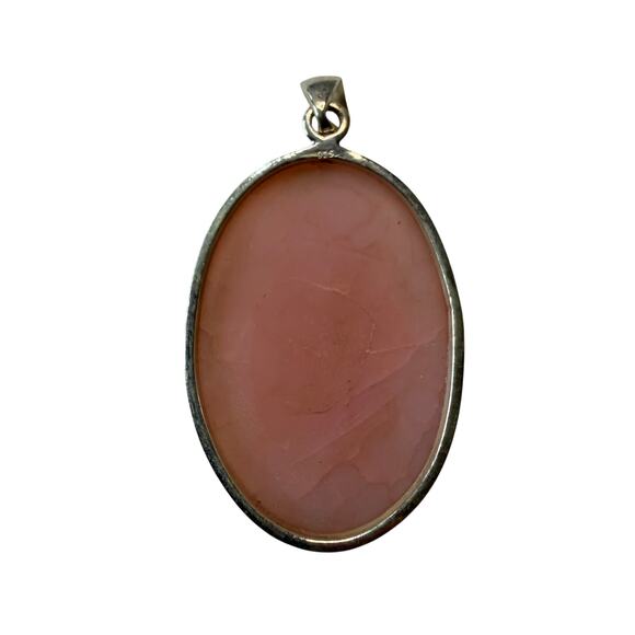 925 Sterling Silver Pink Gemstone Oval Pendant – Soft Blush Crackle Pattern - Picture 2 of 3